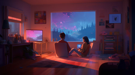 Young couple watching a horror movie at night in the living room.の素材