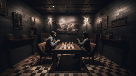Couple playing chess in a dark room, looking at each otherの素材