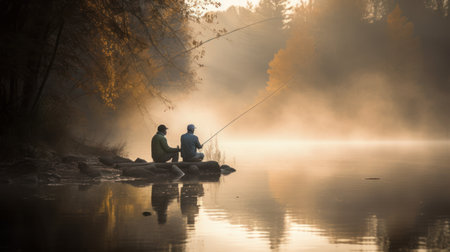 Fisherman and fisherman sitting on the bank of the river at sunsetの素材