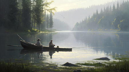 Fishermen in a boat on a lake in the morning fogの素材