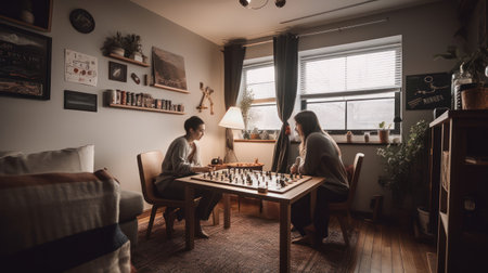 Senior couple playing chess in the living room at home, lifestyle conceptの素材