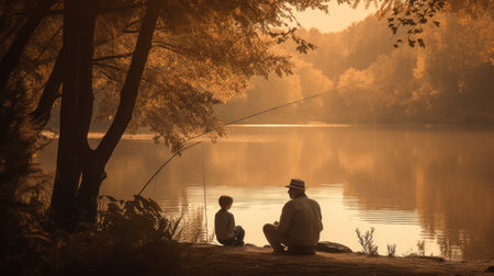 Fisherman sitting on the bank of the lake with his grandsonの素材