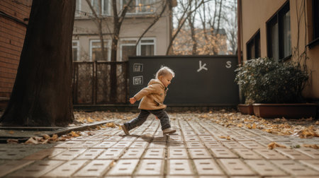 Little boy running on the street in autumn. The concept of a healthy lifestyle.の素材