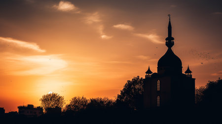 Silhouette of an Orthodox church at sunset in the city of Rostov, Russia.の素材