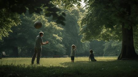 Father and son playing with a ball in the park. Selective focus.の素材