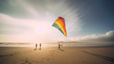 Couple on the beach with a kite in the sunset.の素材
