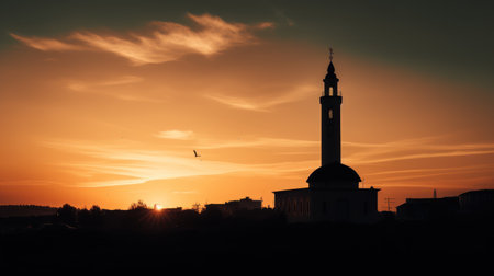 Silhouette of the mosque against the background of the setting sunの素材