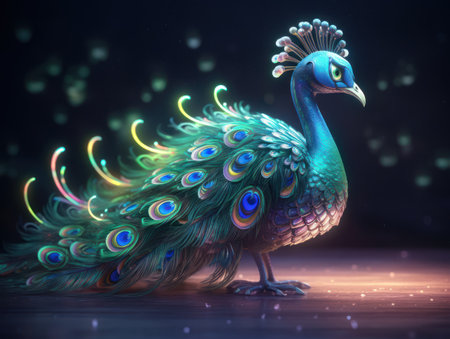 Peacock with colorful feathers on a dark background. 3d renderingの素材
