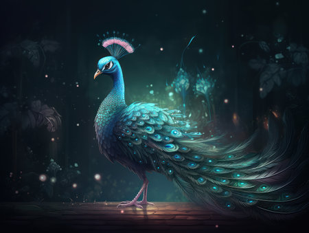 Peacock in a dreamy dark room. 3D renderingの素材