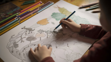Little girl draws with pencils on a white sheet of paper.の素材