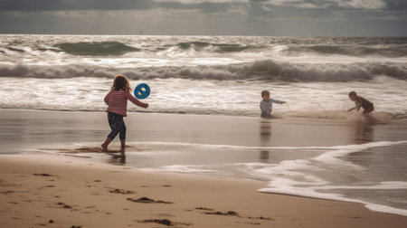 Children playing with a ball on the beach at sunset. Kids having fun on the beach.の素材