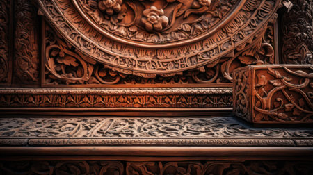 Woodcarving on the stairs of a Buddhist temple in Thailand.の素材