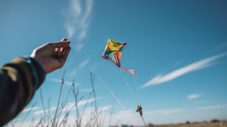 kite in the hands of a child on a background of blue skyの素材