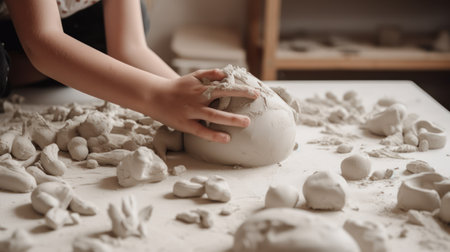 Little girl playing with clay on the table. Children's creativity.の素材