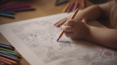 Little girl draws with colored pencils on white paper. Selective focus.の素材
