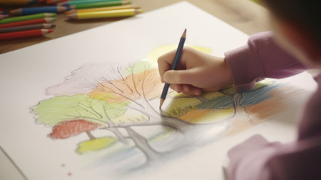 Cute little girl drawing with colorful pencils on paper at homeの素材
