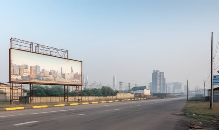 Blank billboard on the highway with cityscape background, twilight timeの素材