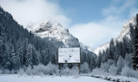 Blank billboard in the middle of the winter mountains. 3d renderingの素材