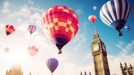 Hot air balloons flying over Big Ben and Houses of Parliament, London, UKの素材