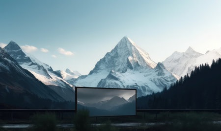 Digital composite of Landscape with mountains and a TV in the foregroundの素材