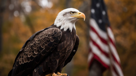 Bald Eagle on the background of the American Flag. Close up.の素材