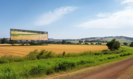 Rural landscape with a large billboard in the middle of the fieldの素材