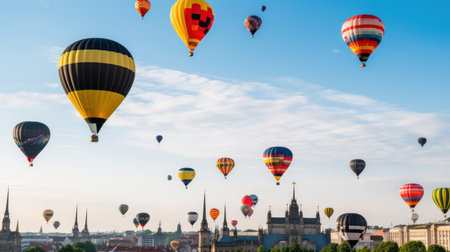 Hot air balloons fly over the old town of Prague, Czech Republicの素材