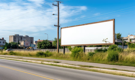 Blank billboard on the road with blue sky in the background.の素材