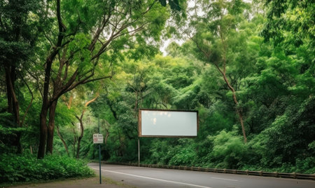 Blank billboard on the road in the forest. Outdoor advertising conceptの素材