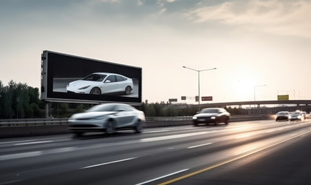Blank road billboard with car on the road with motion blur backgroundの素材