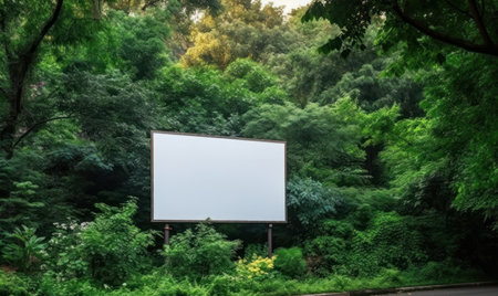 Blank billboard in the park with trees and green nature background.の素材