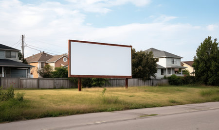 A blank billboard on a street in a suburban area with a house in the backgroundの素材