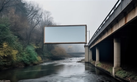 Blank billboard on the bridge over the river in foggy dayの素材
