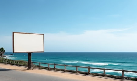 Blank billboard on the beach with sea and blue sky background.の素材