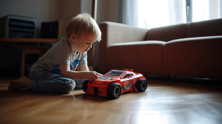Cute little boy playing with toy car at home. Early development and early development conceptの素材