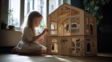Cute little girl playing with a toy house in the room at homeの素材