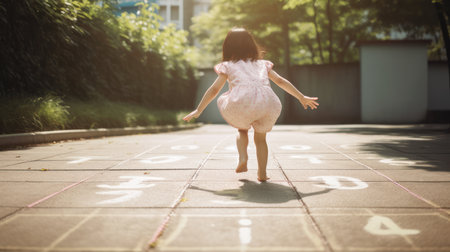 Little girl in white dress running on the pavement in the park.の素材