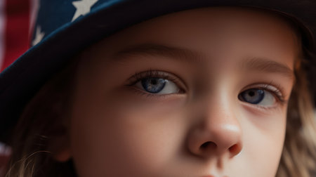 Closeup portrait of a beautiful little girl with blue eyes and hatの素材