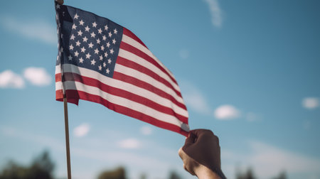 Cropped image of man holding american flag against blue sky backgroundの素材