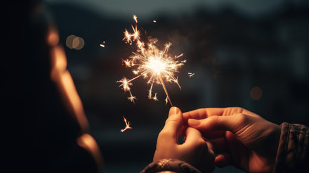Close-up of female hands holding sparkler on blurred background.の素材