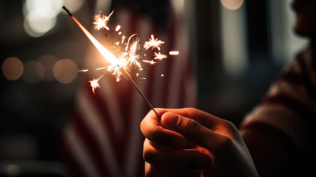 Close-up of man's hand holding burning sparkler against blurred backgroundの素材