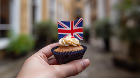 Cupcake with flag of United Kingdom in hand on blurred backgroundの素材