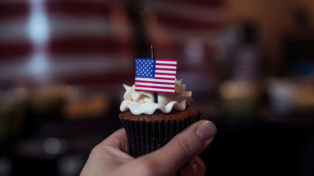American flag on a cupcake in a hand with a blurred backgroundの素材
