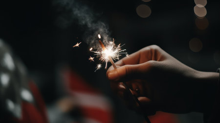 Close-up of a hand holding a sparkler on the background of the American flagの素材