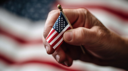 American flag in a male hand on a background of the American flagの素材