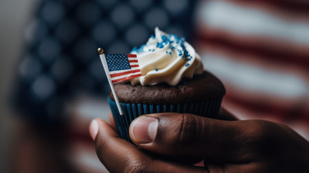Closeup of man holding cupcake with american flag on itの素材