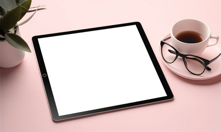 Mockup image of tablet pc with blank white screen and coffee cup on pastel pink backgroundの素材