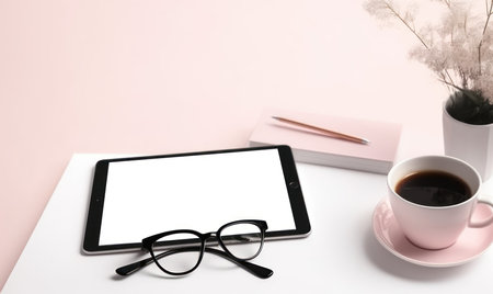 Modern workspace with tablet, coffee cup, notebook and eyeglasses on white table.の素材