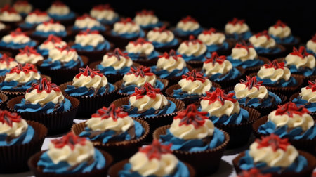 Cupcakes with buttercream frosting and red and blue ribbonsの素材