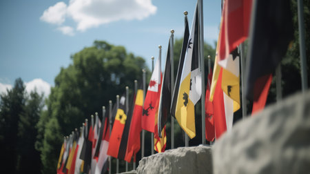 The flags of the world are waving in the wind on the stone wallの素材